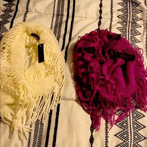 Two white and purple scarves